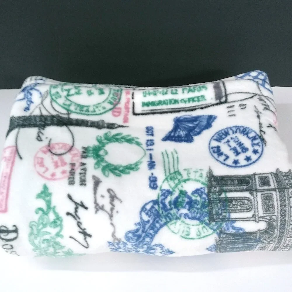 Paris Postmark Throw Blanket - White with Green, Blue & Pink Accents